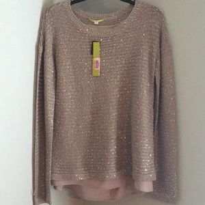 Tan sequenced sweater with blouse underneath